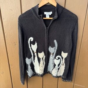 Coldwater Creek Full Zip Black Cat Cardigan Sweater Size M Beaded Cat Lady
